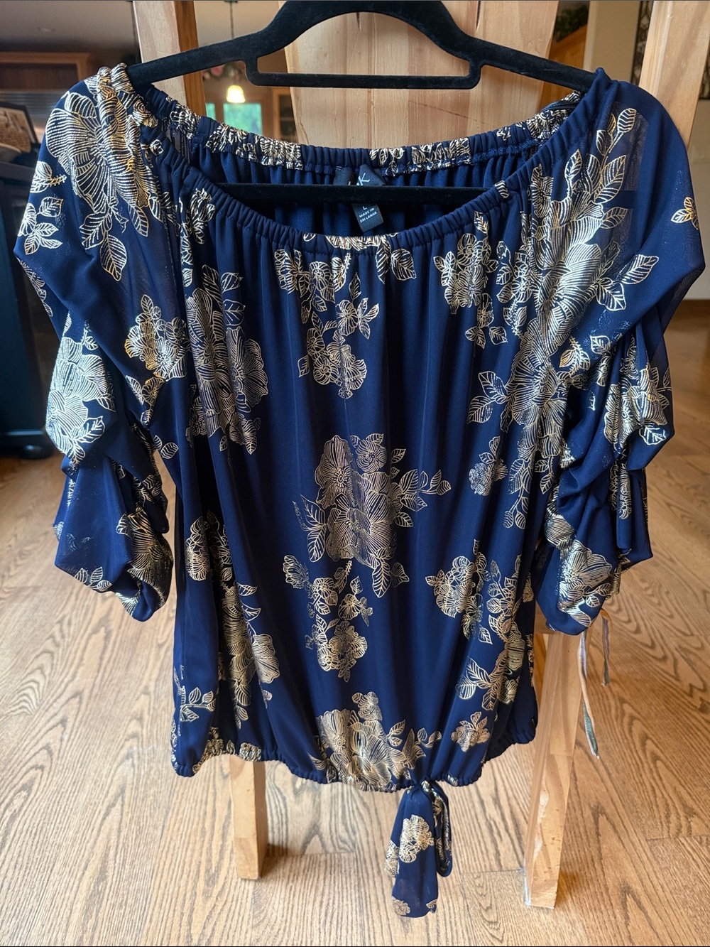 MSK Navy Blue Off-the-Shoulder Blouse with Gold Floral Print